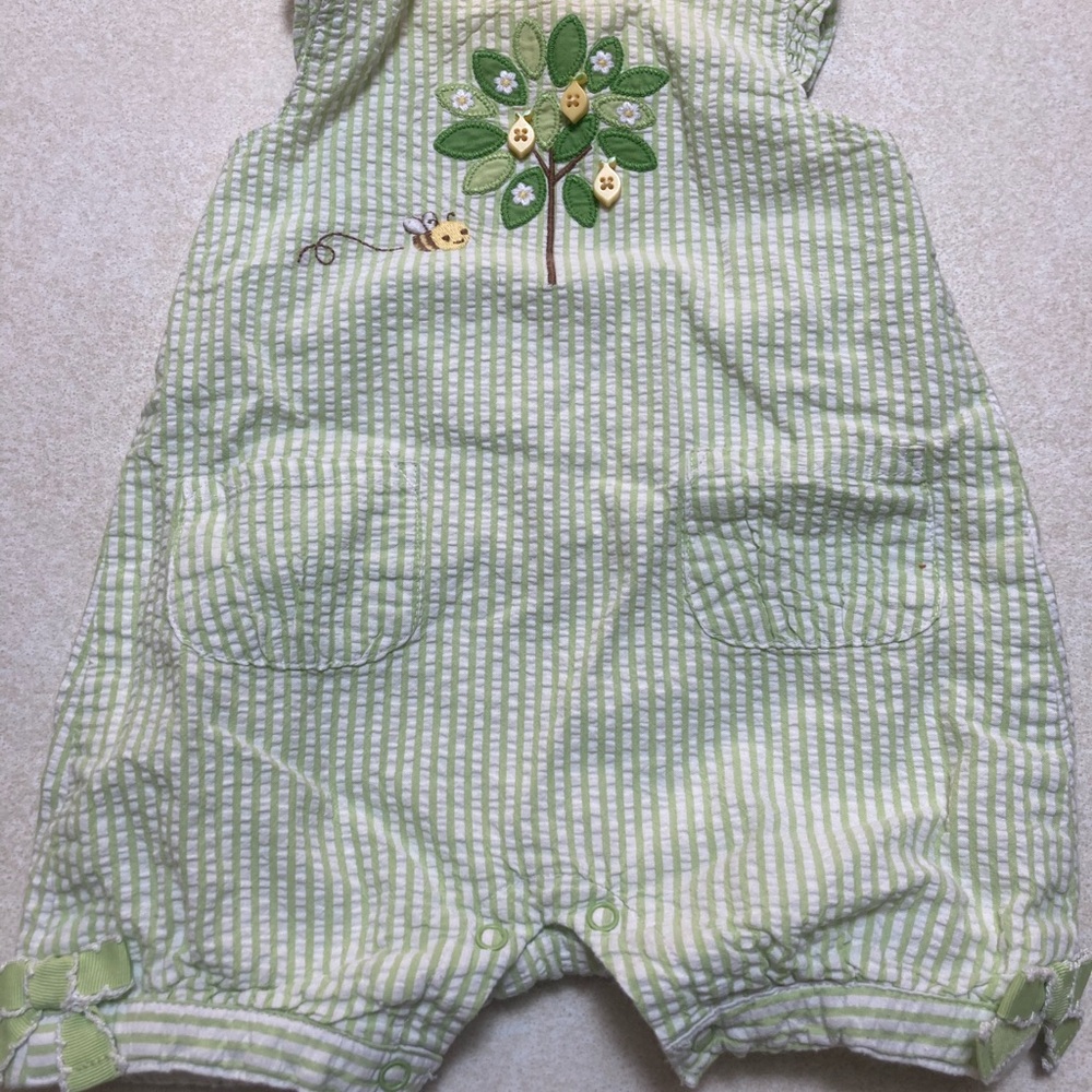 Gymboree Green Striped Romper with Tree & Bee Applique